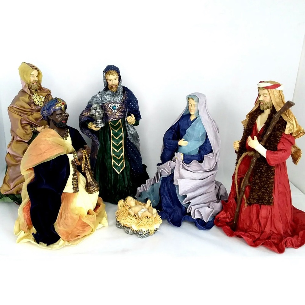 Vintage Holiday Living 6pc Nativity Set Paper Mache Figurines 4-12in Tall